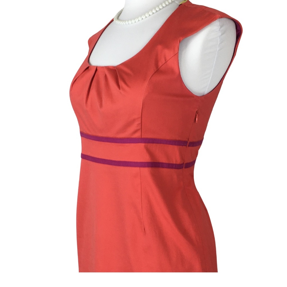 Boden Coral Peach with Fuchsia Ribbon Detail Sleeve Sheath Midi Dress size 8 - Picture 4 of 15